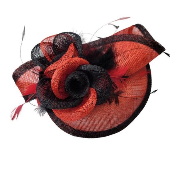 Red and Black Comb Fascinator With Sinamay Rosettes and Black Feathers - Picture 7 of 12